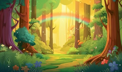  a forest with a rainbow in the middle of the trees and a path leading to the forest with a rainbow in the middle of the trees.  generative ai