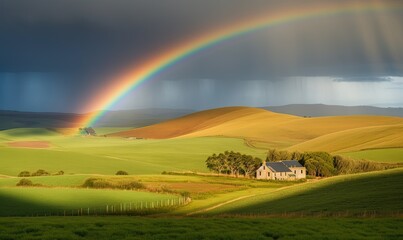 Naklejka premium a house in a field with a rainbow in the sky above it and a rainbow in the sky over the grass and a house in the distance. generative ai