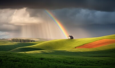 a house in a field with a rainbow in the sky above it and a dark cloud in the sky over the grass and a rainbow in the distance.  generative ai