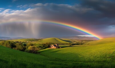 Naklejka premium a rainbow appears over a green field with a house in the foreground and mountains in the distance with a blue sky and clouds above. generative ai