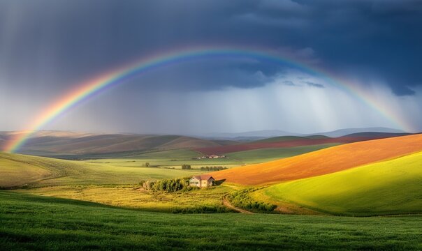  a rainbow appears over a green field with a house in the foreground and a stormy sky in the background with a rainbow in the middle.  generative ai
