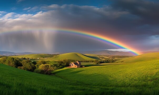  a rainbow appears over a green field with a house in the foreground and mountains in the distance with a blue sky and clouds above.  generative ai