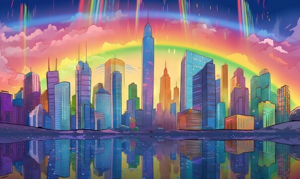  a painting of a city with a rainbow in the sky and a rainbow in the sky over the water and a rainbow in the sky. generative ai © Anna