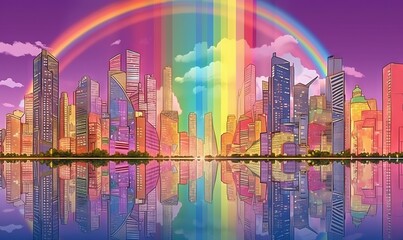  a rainbow over a city with a rainbow in the middle of the sky and a rainbow in the middle of the water with a reflection of the city.  generative ai