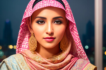 Digital portrait of  the wonderful Arab woman in traditional clothes takes a selfie against the Dubai city at night. Generative AI