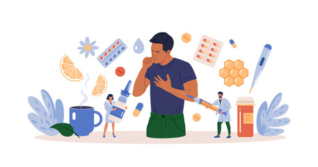 Character Sneezing and Coughing. Prevention against Virus and Infection.Young Man Having a Cold. Flu and Sickness Concept. Doctors Treat Patient with Pills, Capsules. Influenza Treatment