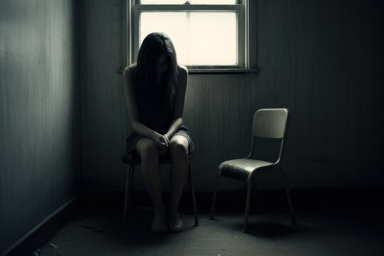 illustration girl in depression black and white photo generative ai