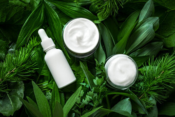 Organic skin care products on green leaves