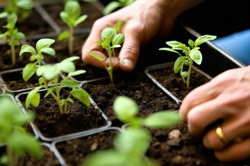 seedlings in small plastic containers during transplantation in the spring. plant concept, botany, basil, seedlings
