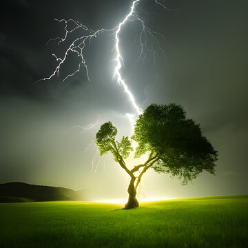 Lightning Strike in tree on meadow, Generative AI
