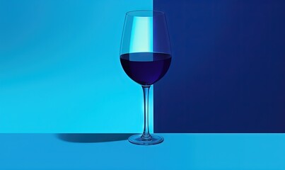  a glass of red wine on a blue and blue background with a shadow of a wine glass in the foreground of the image and a blue background.  generative ai