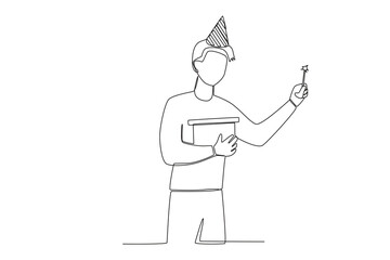 A man holding a birthday gift and candles. Birthday party one-line drawing