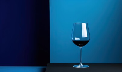  a glass of red wine sitting on a table next to a blue wall and a blue wall in the background with a black shadow on the floor.  generative ai