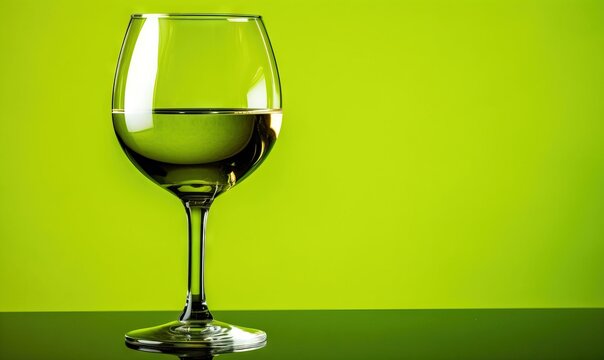  a glass of wine sitting on a green table top next to a green wall with a reflection of the wine in the wine glass on the table.  generative ai