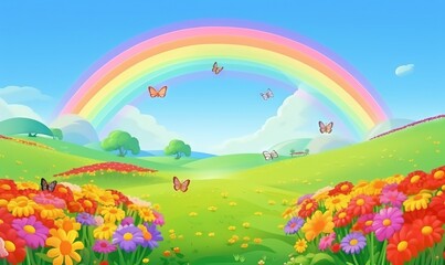 Obraz na płótnie Canvas a rainbow in the sky above a field of flowers and butterflies with a rainbow in the background of the sky and a rainbow in the sky. generative ai