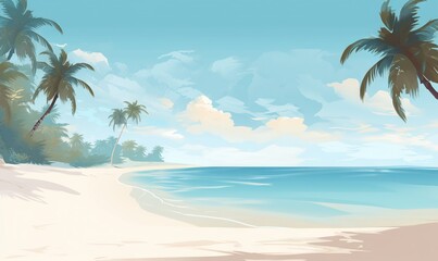  a painting of a beach with palm trees and a blue sky in the background with clouds in the sky and water in the foreground.  generative ai