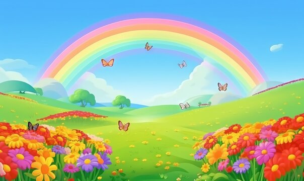  a rainbow in the sky above a field of flowers and butterflies with a rainbow in the background of the sky and a rainbow in the sky. generative ai © Anna