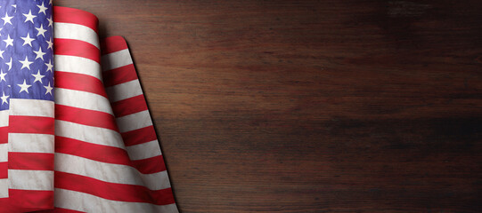 USA flag on wooden background, copy space, American National Holiday, July 4th.