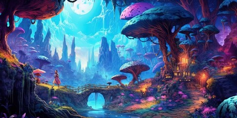 anime illustration scenery background wallpaper, enchant mushroom nature garden, generative Ai