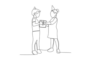 A woman gives a gift to her birthday friend. Birthday party one-line drawing