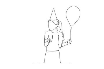 A woman holding a balloon and a drink. Birthday party one-line drawing