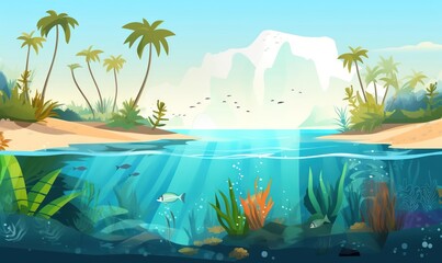  an underwater scene with fish, plants, and rocks in the water with a mountain in the background and a blue sky with white clouds.  generative ai