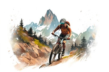a man rides a bicycle in the mountains isolated on a white background. Generated by AI.