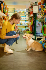 Cheerful female customer buying dog harness in pet store
