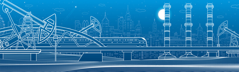 Train rides on the bridge. Three industrial pipes. Power plant, petroleum industry. City and transport illustration. Urban scene. White lines on blue background. Vector design art