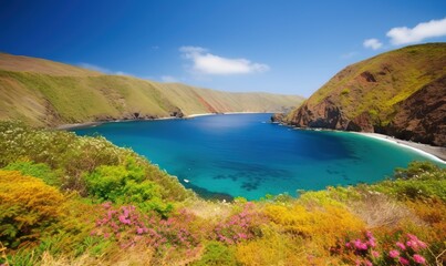 Obraz premium a blue body of water surrounded by mountains and a lush green hillside covered in flowers and grass on the side of the water is a white sandy beach. generative ai