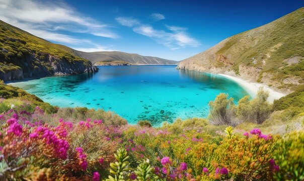  a beautiful blue lake surrounded by green hills and flowers on the shore of a mountain lake in the middle of a valley with a white sandy beach.  generative ai