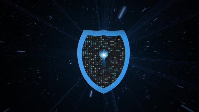 Cyber security 3d shield with binary code numbers loop animation. Concept digital technology information background.