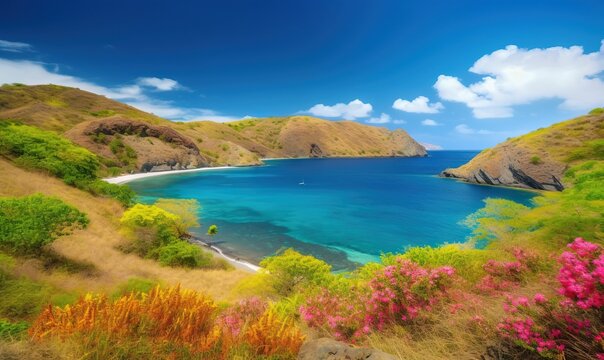  a beautiful view of a blue ocean surrounded by lush green hills and colorful flowers on a sunny day with a blue sky and white clouds.  generative ai