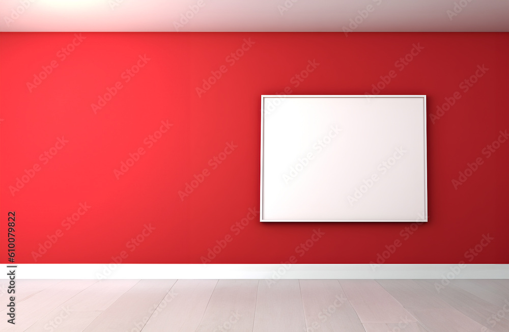 Wall mural creative interior concept. abstract red room with blank empty frame and white oak wooden flooring wi