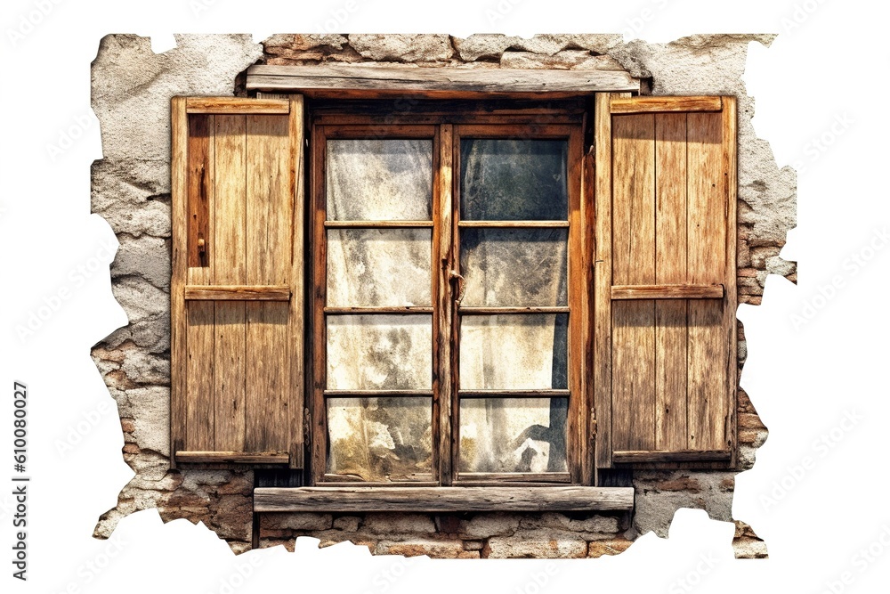 Wall mural old wooden window isolated on white background. generated by ai.