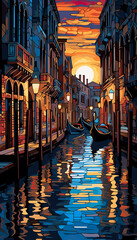 Obraz na płótnie Canvas A painting of a canal with gondolas at sunset. Generative AI.