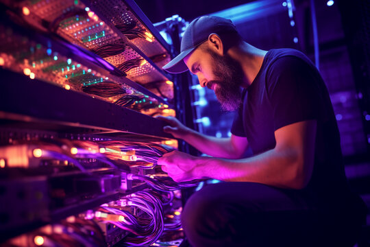 IT specialist conducting a network cabling and infrastructure installation, IT specialists, bokeh Generative AI