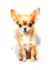 Watercolor cartoon illustration of a cute Chihuahua puppy on white background. Generative AI.