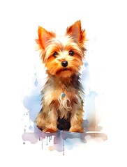 Watercolor cartoon illustration of a cute Yorkshire Terrier puppy on white background. Generative AI.