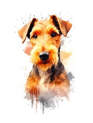 Watercolor cartoon illustration of a cute Airedale Terrier dog on white background. Generative AI.