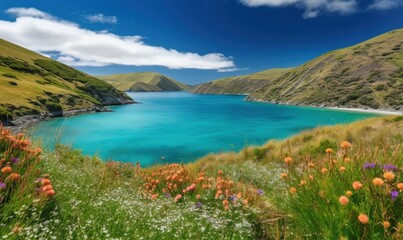 Naklejka premium a beautiful blue lake surrounded by green hills and wildflowers on the side of a hill with a blue body of water in the middle of water. generative ai