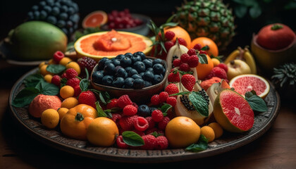 Fototapeta na wymiar A bowl of fresh, multi colored berry fruit on a wooden table generated by AI