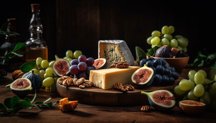 A rustic gourmet appetizer tray with fresh fruit and cheese generated by AI