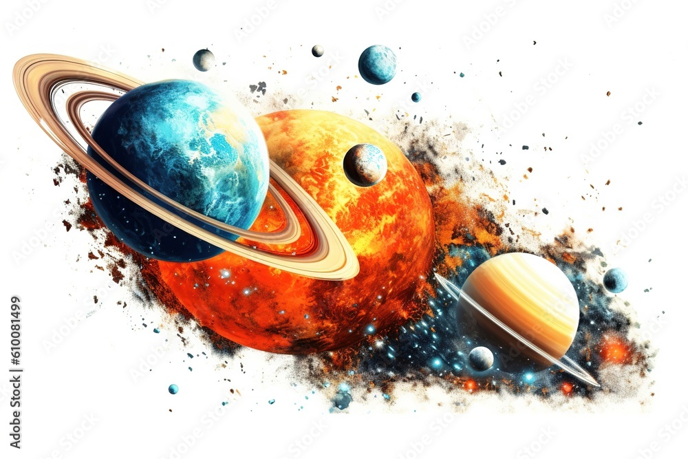 Poster drawing of planets with paint splatter isolated on white background. generated by ai.
