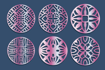 Lotus Mandala Vector Template Set for Cutting and Printing. Oriental silhouette ornament. Vector coaster design Bundle	