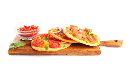 Board with different tasty mini pizzas and ingredients on white background