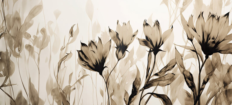 fine art botanical painting lith printing light Champagne and black,single design,in white background,generative ai.