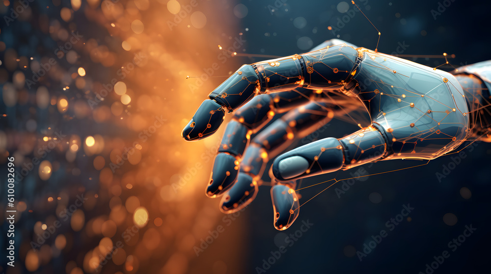 Poster a cyborg hand on a technological background of spots of lights.created with generative ai technology