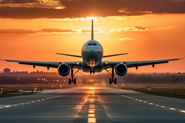 Fototapeta na wymiar Silhouette of a landing plane on the runway. Beautiful sunset sky rain night. Travel and transport concept generative ai