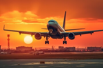 Fototapeta na wymiar Silhouette of a landing plane on the runway. Beautiful sunset sky rain night. Travel and transport concept generative ai